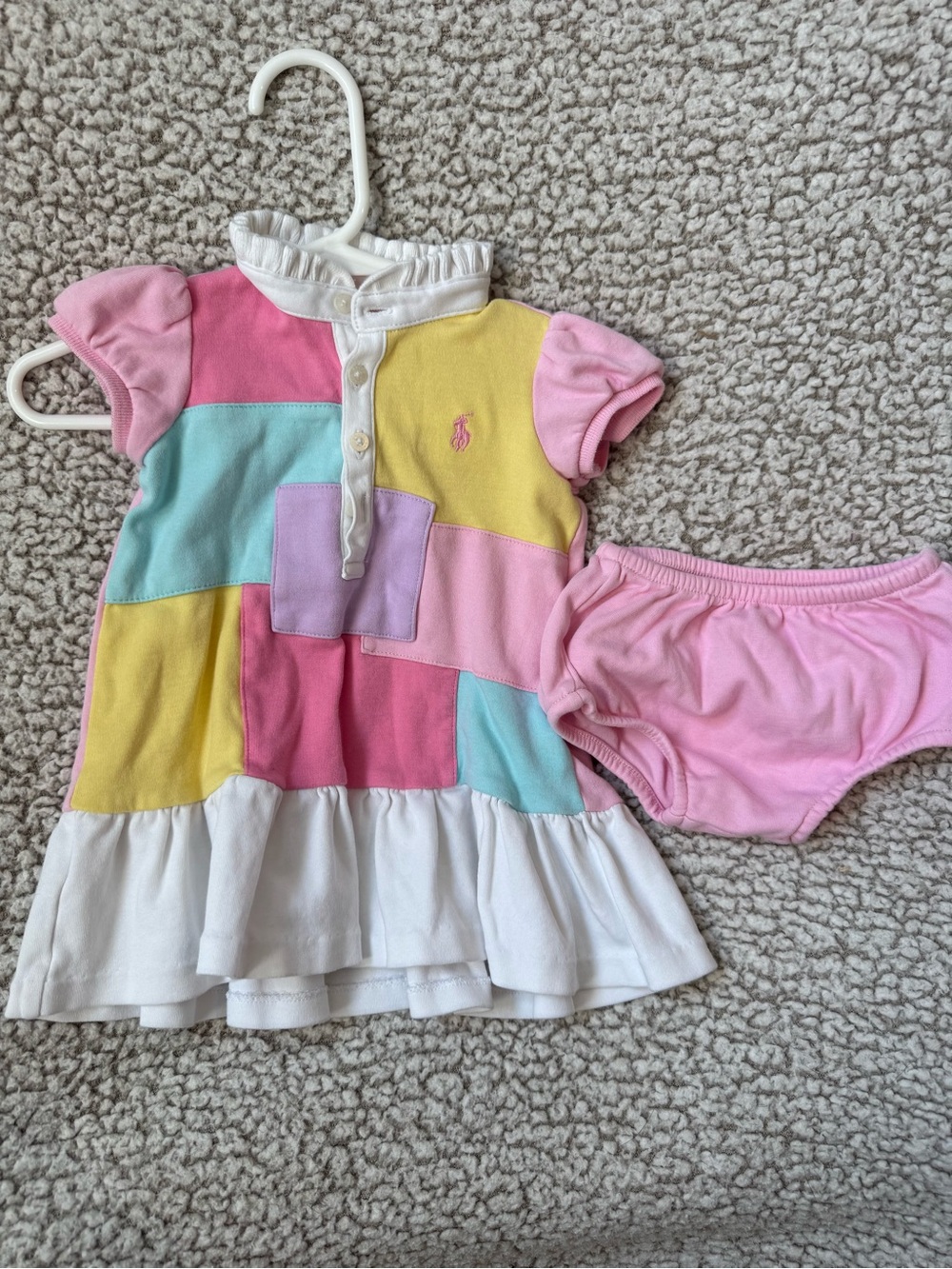 Ralph Lauren Pastel Patchwork Polo Dress & Pink Bloomers size 6 months